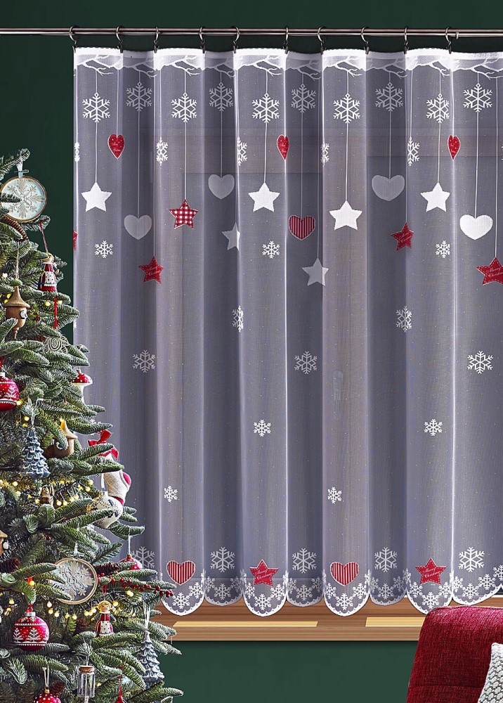 Vánoční záclona se srdíčky, vločkami a hvězdičkami s barevným potiskem.